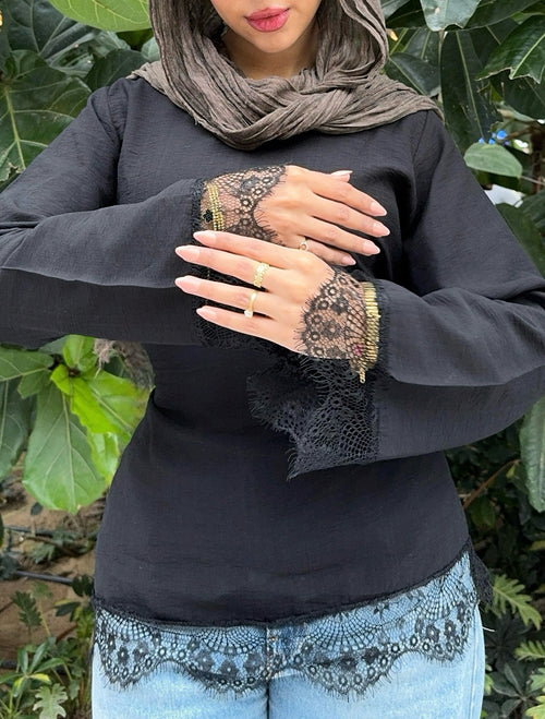 Black linen blouse with lace