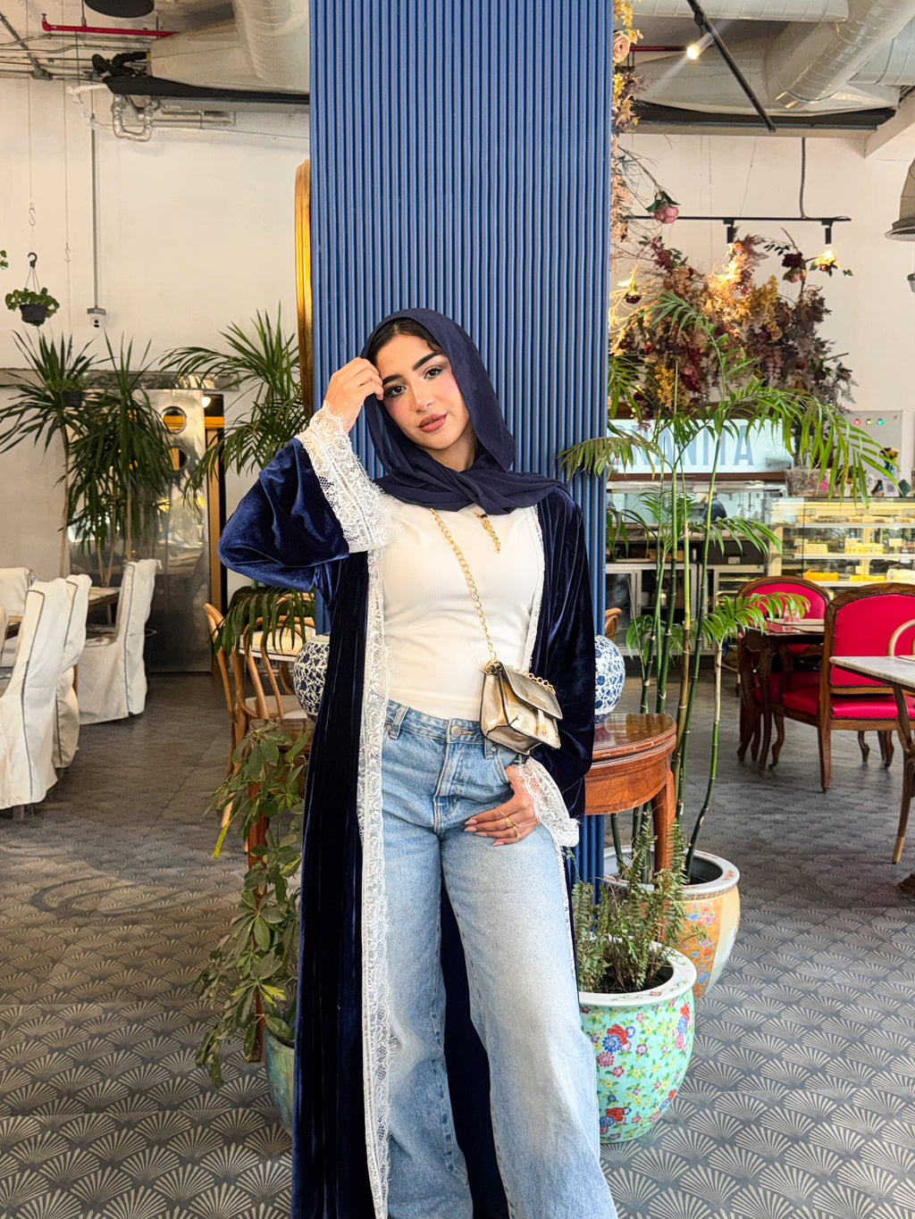 Navy blue velvet lace Abayaa