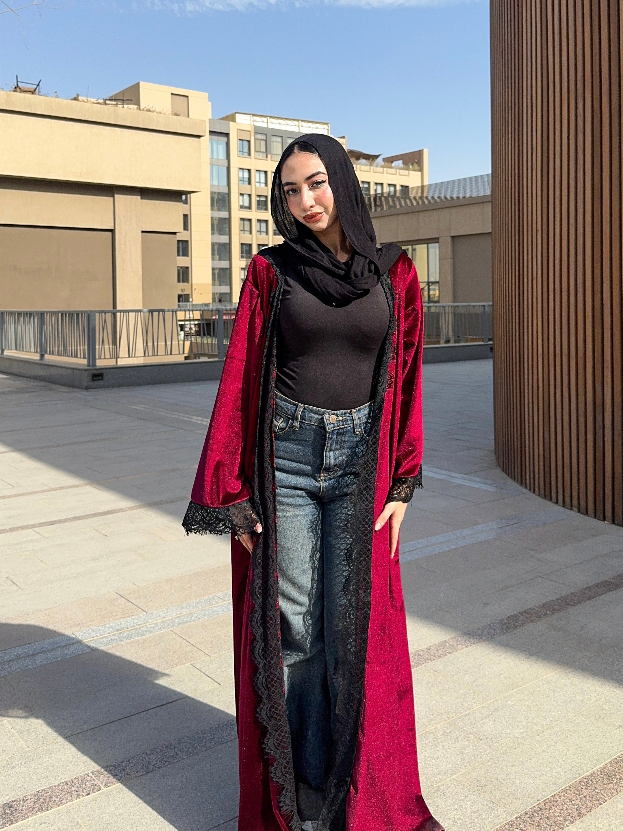 Maroon velvet with black lace