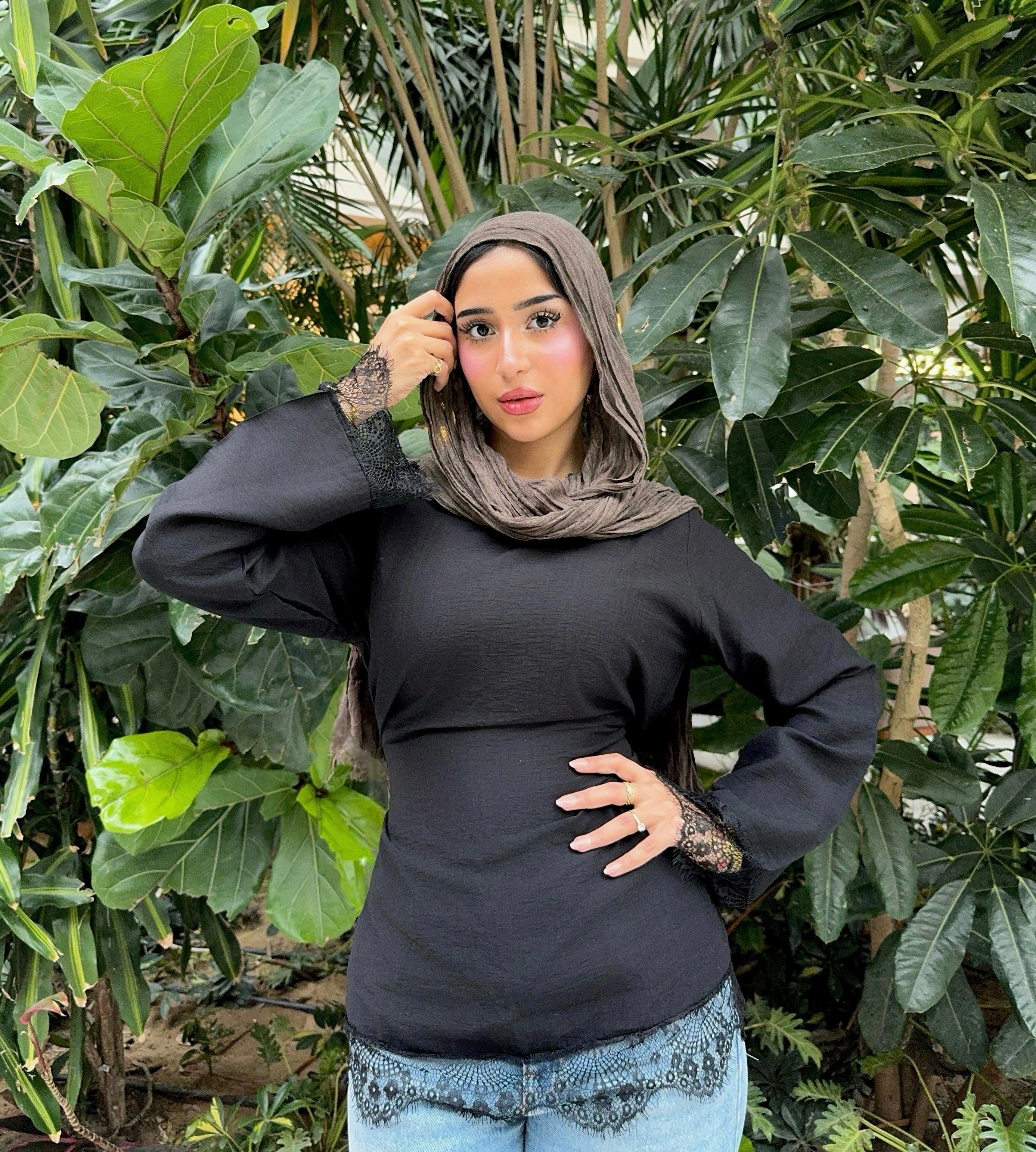 Black linen blouse with lace
