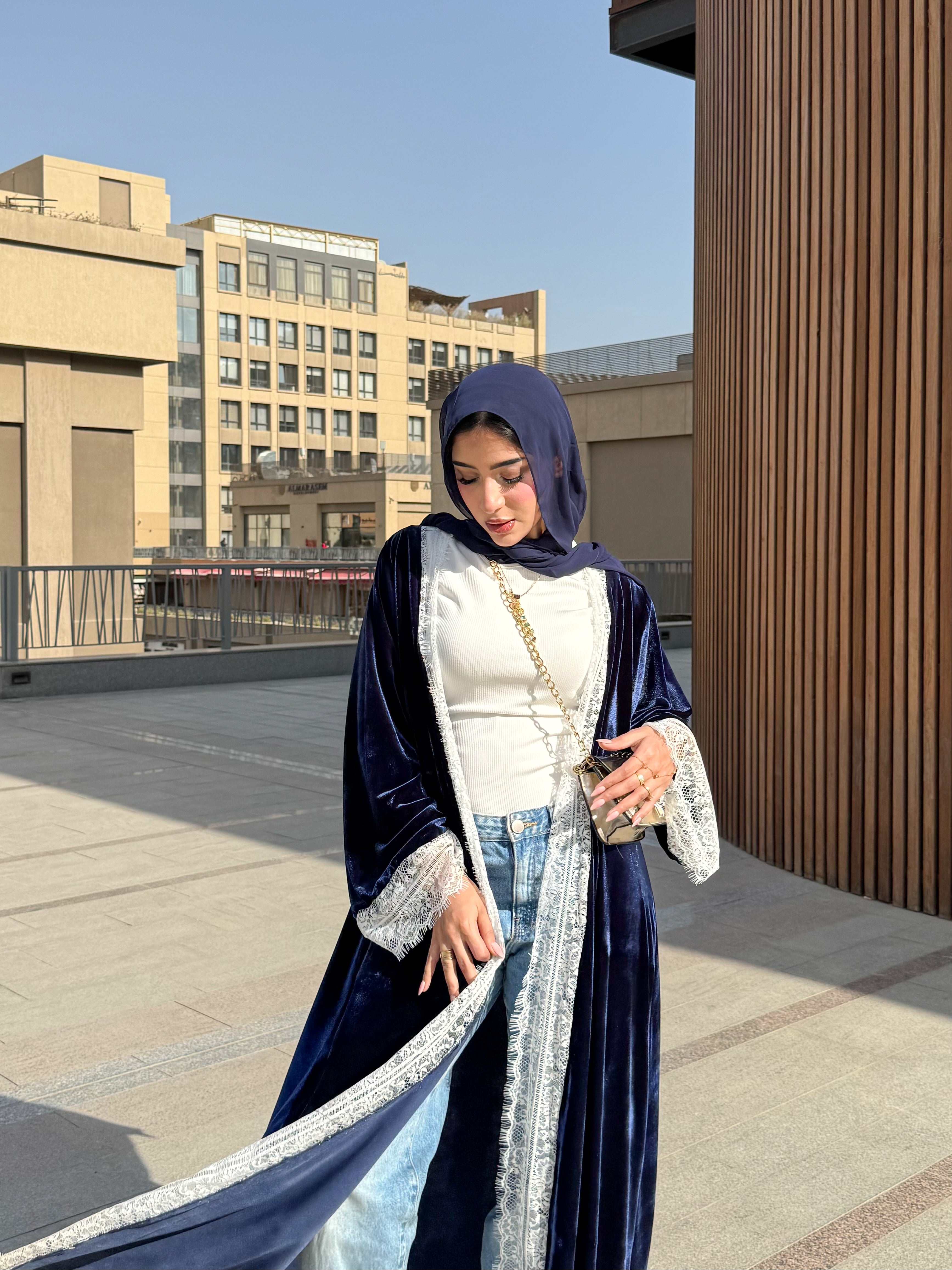 Navy blue velvet lace Abayaa
